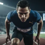 Atleta in concentrazione durante una competizione con preparazione mentale nello sport, illustrazione di focus e performance psicologica