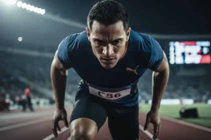 Atleta in concentrazione durante una competizione con preparazione mentale nello sport, illustrazione di focus e performance psicologica