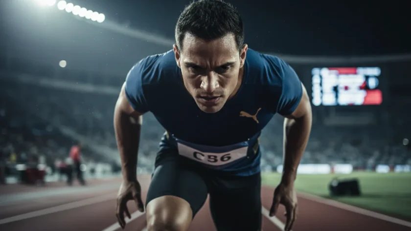 Atleta in concentrazione durante una competizione con preparazione mentale nello sport, illustrazione di focus e performance psicologica