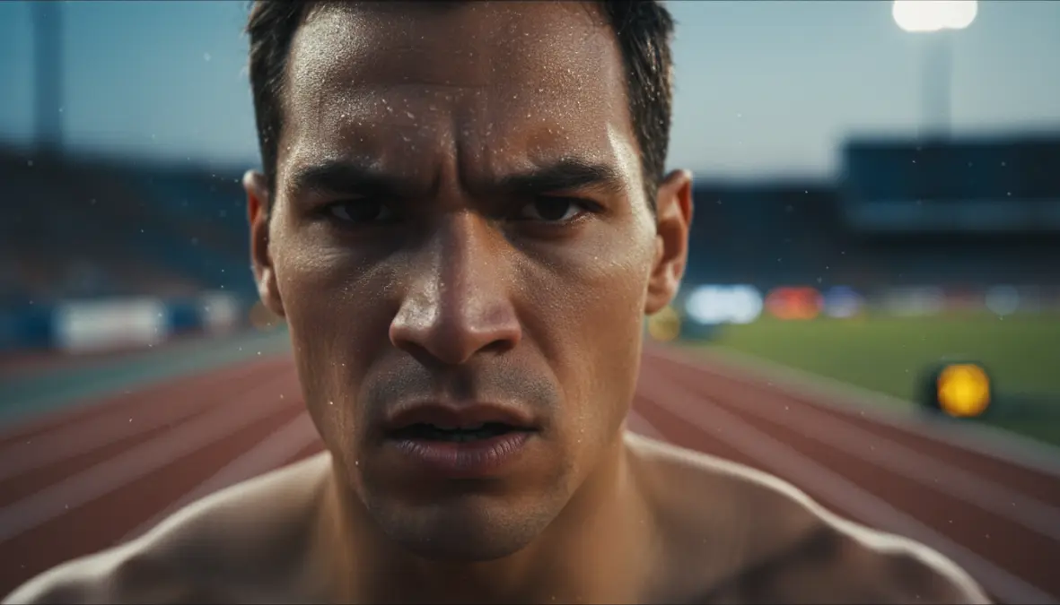 Atleta con focus mentale durante competizione, illustrazione del controllo emotivo e concentrazione sportiva nel momento critico