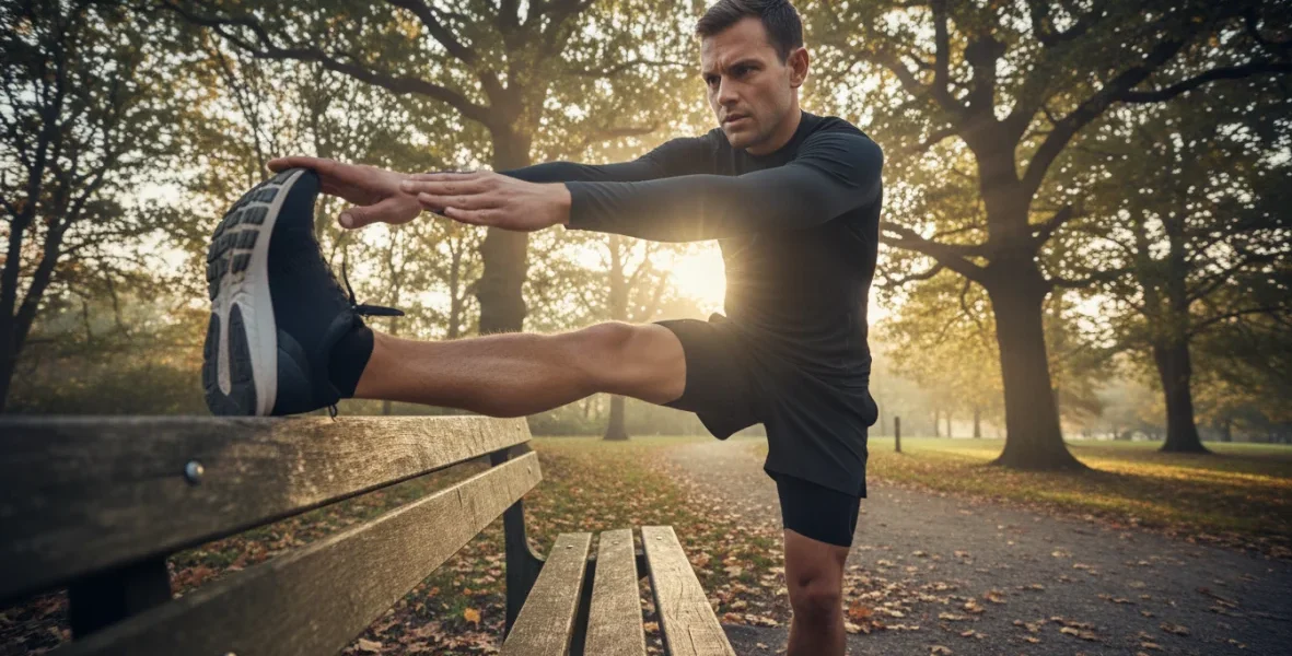 Runner esegue stretching per prevenzione infortuni nel running dopo l'allenamento