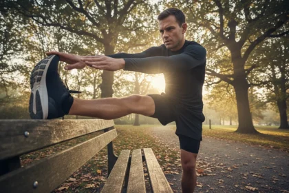 Runner esegue stretching per prevenzione infortuni nel running dopo l'allenamento
