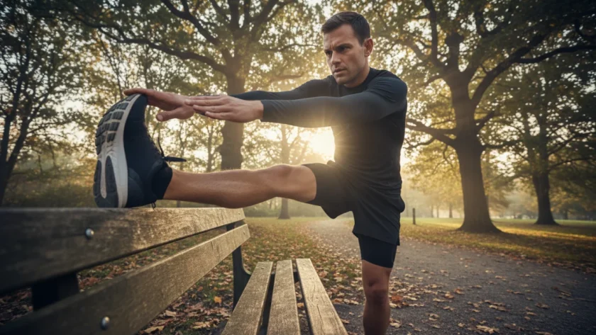 Runner esegue stretching per prevenzione infortuni nel running dopo l'allenamento