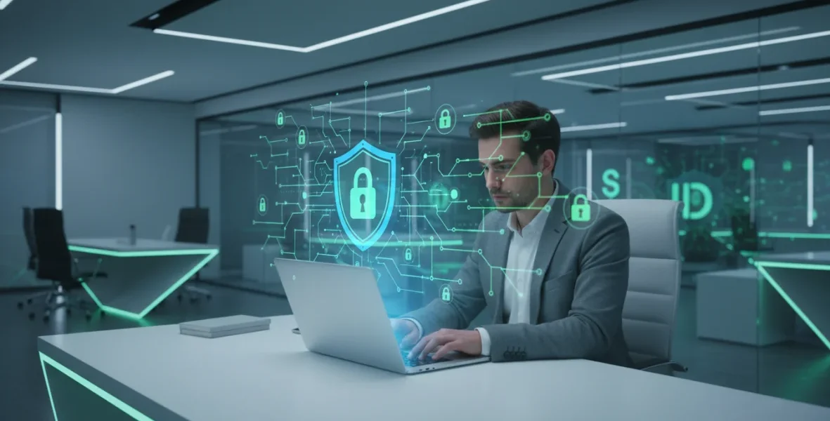 Protezione identità digitale online - sicurezza con shield e lucchetto su laptop per la privacy su internet