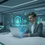 Protezione identità digitale online - sicurezza con shield e lucchetto su laptop per la privacy su internet