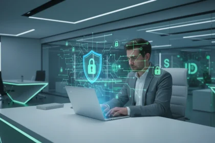 Protezione identità digitale online - sicurezza con shield e lucchetto su laptop per la privacy su internet