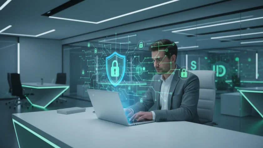 Protezione identità digitale online - sicurezza con shield e lucchetto su laptop per la privacy su internet