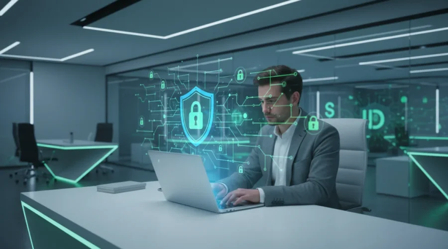 Protezione identità digitale online - sicurezza con shield e lucchetto su laptop per la privacy su internet