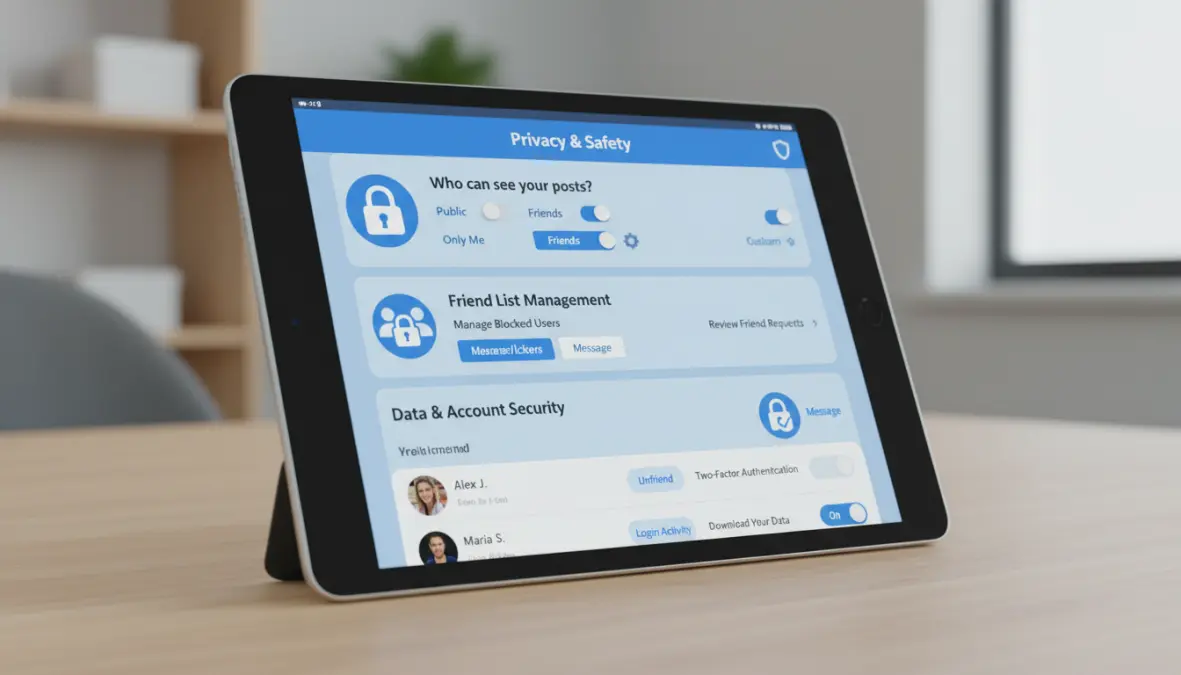 Social media privacy settings interface displayed on a tablet screen — privacy online protezione identità