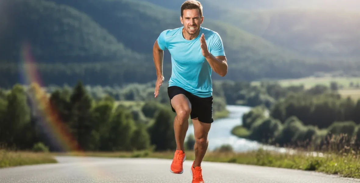 Atleta in allenamento durante il programma mezza maratona 8 settimane su una strada soleggiata