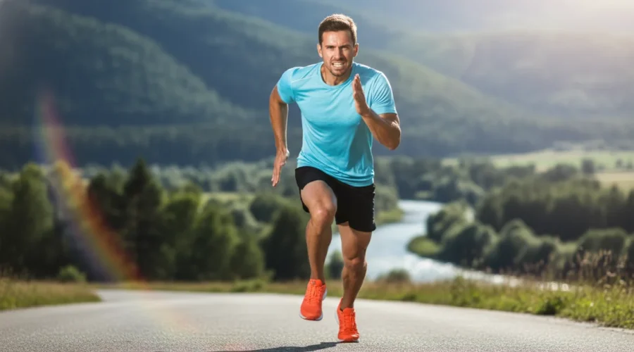 Atleta in allenamento durante il programma mezza maratona 8 settimane su una strada soleggiata