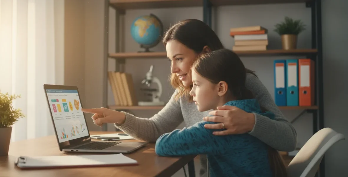 Genitore e bambino insieme al computer per proteggere bambini internet in modo sicuro ed educativo