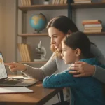 Genitore e bambino insieme al computer per proteggere bambini internet in modo sicuro ed educativo