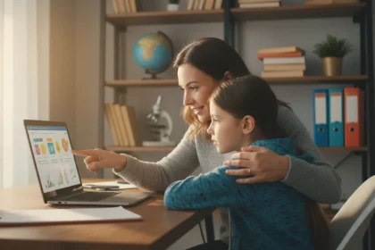 Genitore e bambino insieme al computer per proteggere bambini internet in modo sicuro ed educativo