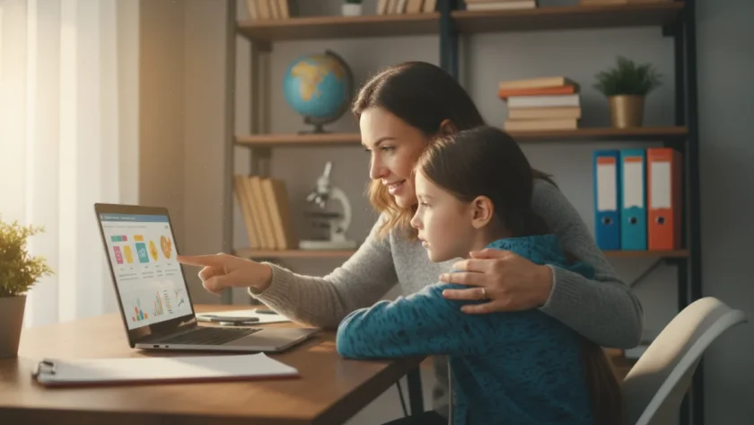 Genitore e bambino insieme al computer per proteggere bambini internet in modo sicuro ed educativo