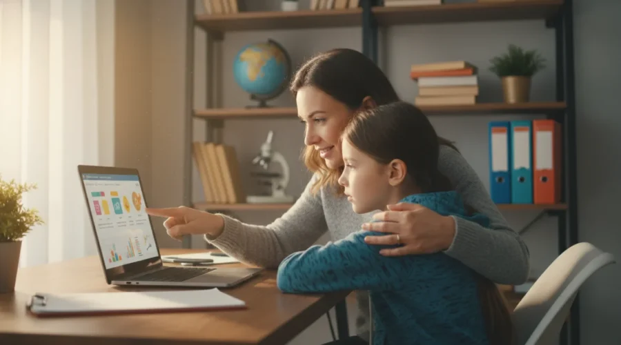 Genitore e bambino insieme al computer per proteggere bambini internet in modo sicuro ed educativo