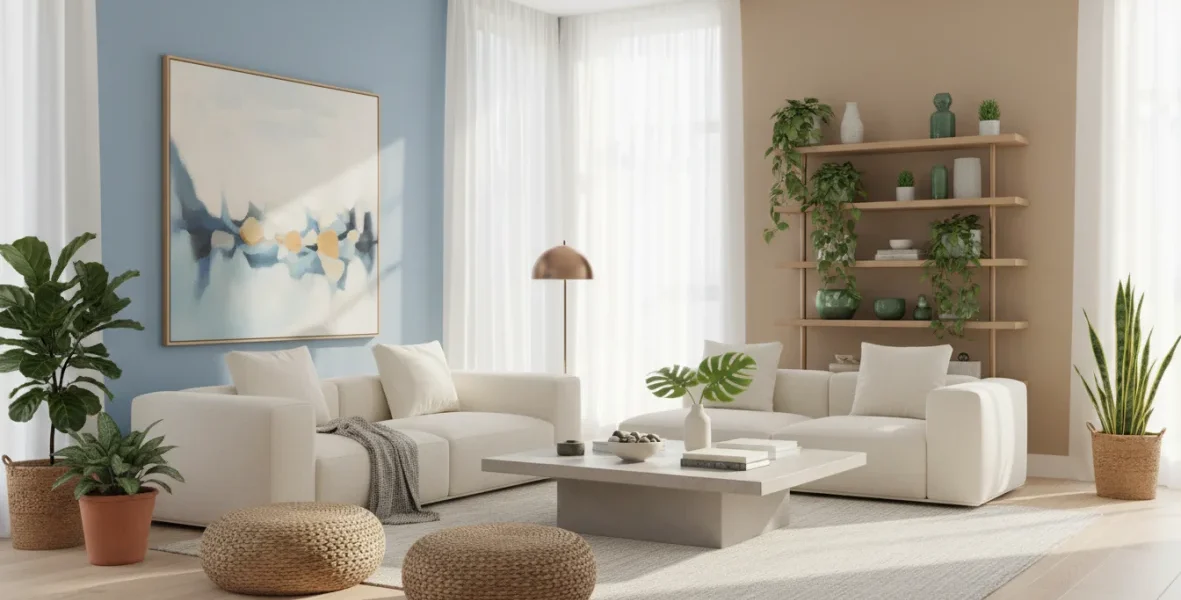 Soggiorno moderno con psicologia del colore: pareti blu, beige e verde in armonia cromatica interni per il benessere abitativo