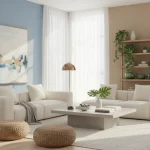 Soggiorno moderno con psicologia del colore: pareti blu, beige e verde in armonia cromatica interni per il benessere abitativo