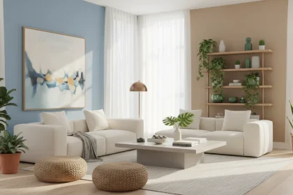 Soggiorno moderno con psicologia del colore: pareti blu, beige e verde in armonia cromatica interni per il benessere abitativo