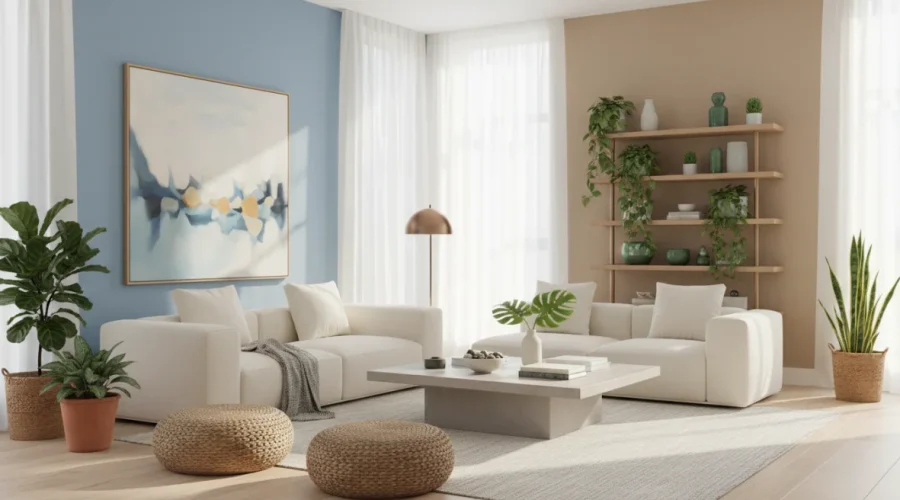 Soggiorno moderno con psicologia del colore: pareti blu, beige e verde in armonia cromatica interni per il benessere abitativo