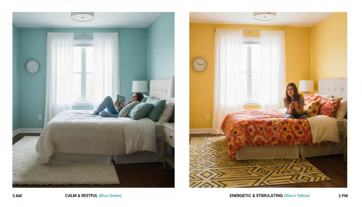 Effetto dei colori sull'umore in camera da letto: confronto tra colori rilassanti blu-verde e tonalità stimolanti caldi per dimostrare la psicologia dei colori