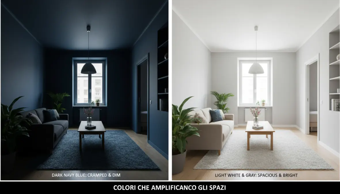 Colori che ampliano gli spazi piccoli: confronto tra tonalità scure compressive e colori chiari riflettenti per amplificare visivamente l'ambiente