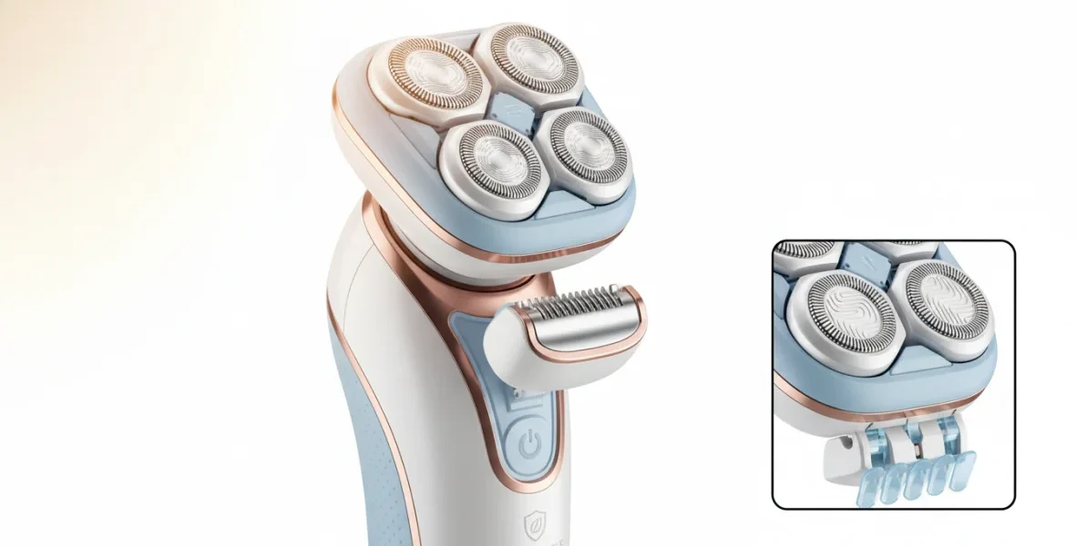 Rasoio elettrico per pelle sensibile con testina protettiva e tecnologia ipoallergenica, ideale per rasatura senza irritazione