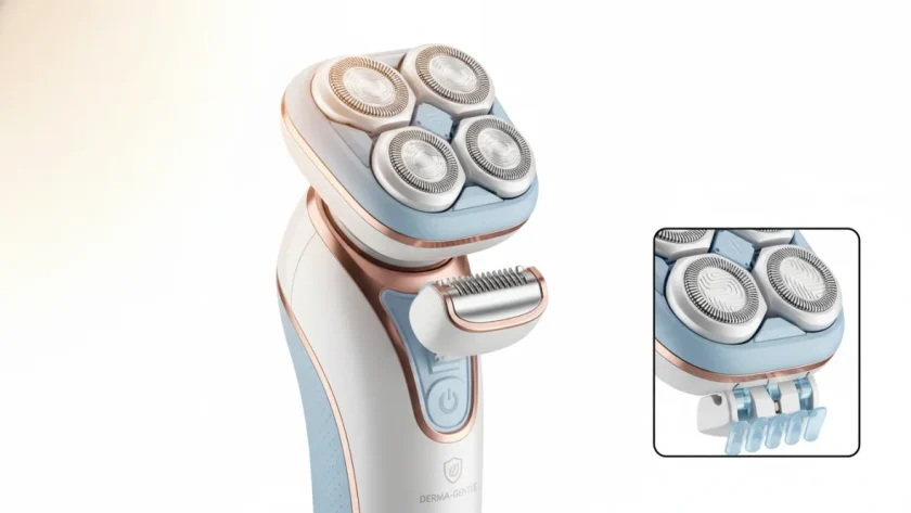 Rasoio elettrico per pelle sensibile con testina protettiva e tecnologia ipoallergenica, ideale per rasatura senza irritazione