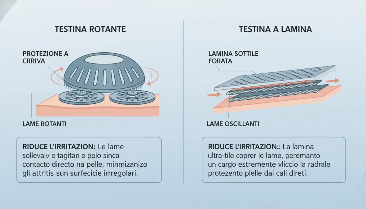 Confronto tra tecnologia rotativa e foil per rasoi elettrici sensibili con dettagli dei sistemi di protezione