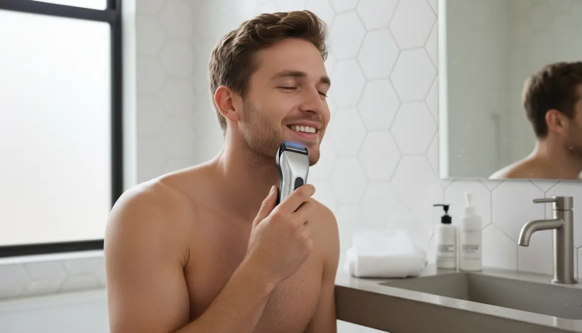 Uomo che utilizza rasoio elettrico rotativo per pelli sensibili durante la rasatura quotidiana