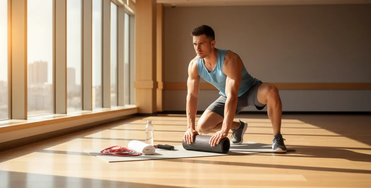 Atleta che effettua esercizi di stretching e recupero muscolare con attenzione alla corretta forma, illustrando i metodi scientifici per il recupero post allenamento