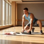 Atleta che effettua esercizi di stretching e recupero muscolare con attenzione alla corretta forma, illustrando i metodi scientifici per il recupero post allenamento