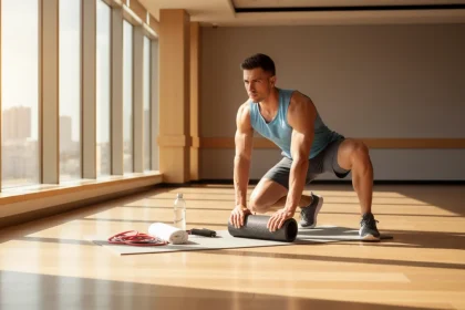 Atleta che effettua esercizi di stretching e recupero muscolare con attenzione alla corretta forma, illustrando i metodi scientifici per il recupero post allenamento