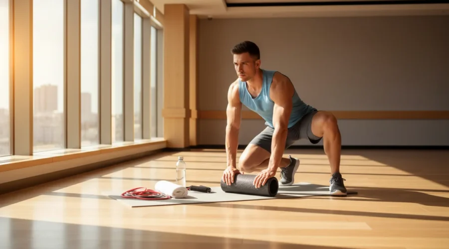 Atleta che effettua esercizi di stretching e recupero muscolare con attenzione alla corretta forma, illustrando i metodi scientifici per il recupero post allenamento