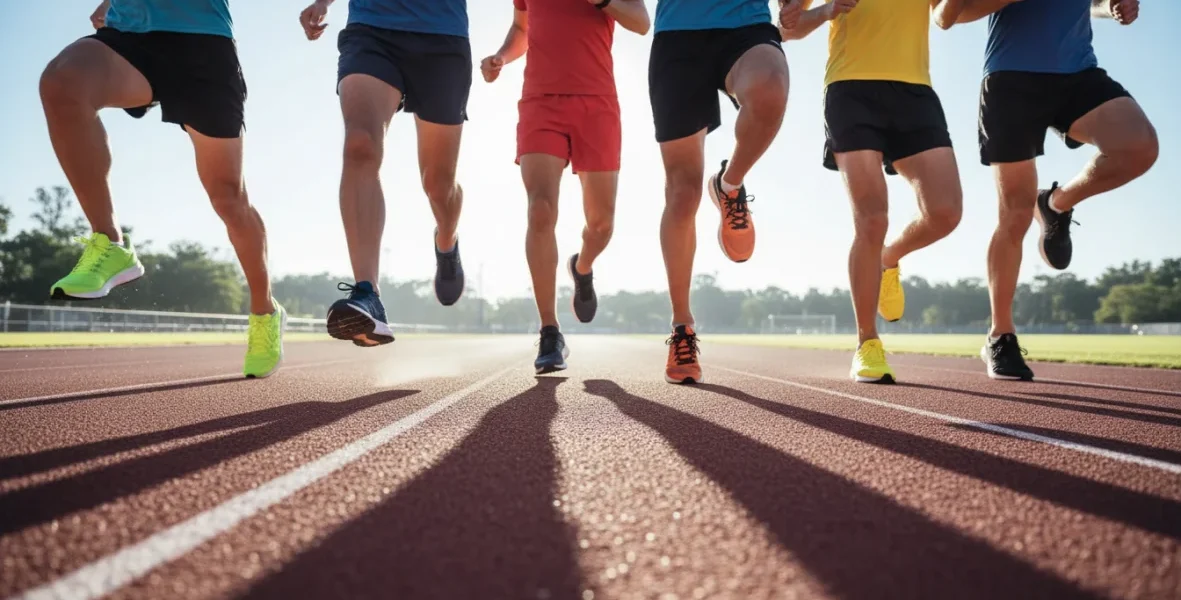 Scarpe running come scegliere: corridori in movimento con diverse calzature sportive su pista