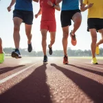 Scarpe running come scegliere: corridori in movimento con diverse calzature sportive su pista