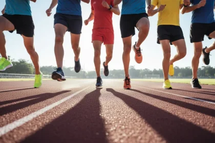 Scarpe running come scegliere: corridori in movimento con diverse calzature sportive su pista