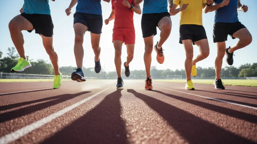 Scarpe running come scegliere: corridori in movimento con diverse calzature sportive su pista
