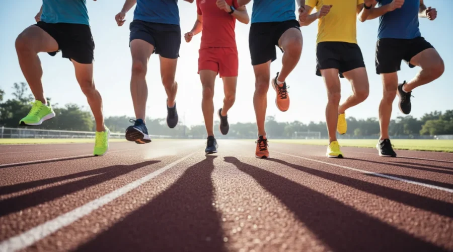 Scarpe running come scegliere: corridori in movimento con diverse calzature sportive su pista