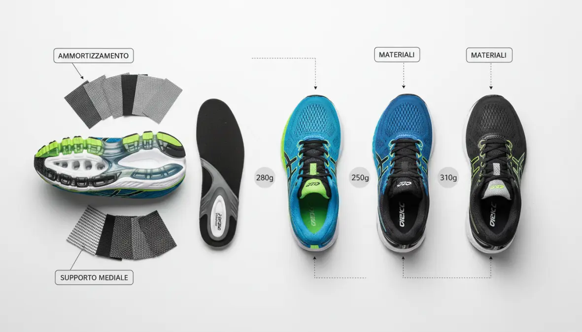 Dettagli tecnici di scarpe running: ammortizzamento, supporto e caratteristiche costruttive