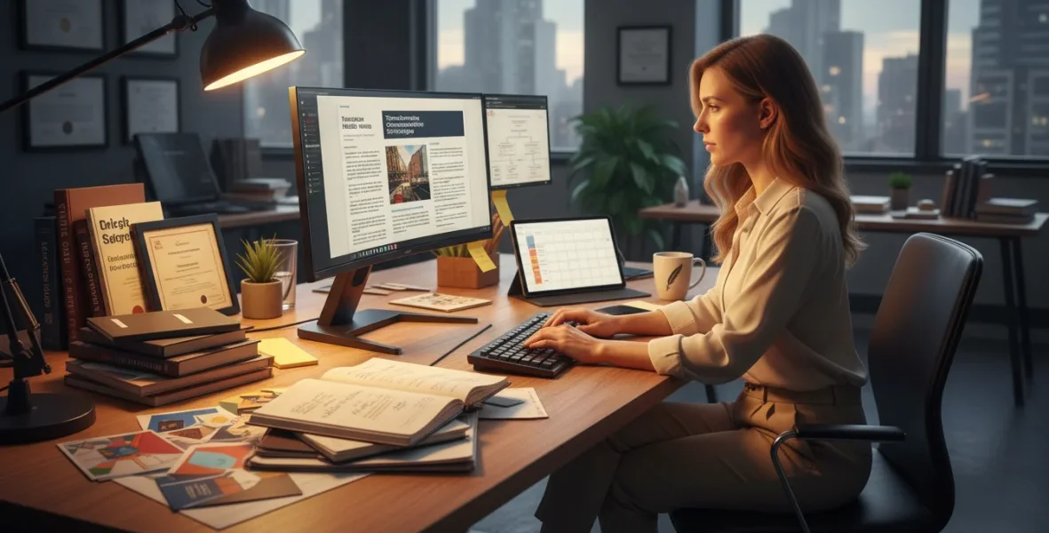 Copywriter professionista al lavoro su una strategia di scrittura persuasiva con materiali di marketing e testi persuasivi visibili
