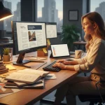 Copywriter professionista al lavoro su una strategia di scrittura persuasiva con materiali di marketing e testi persuasivi visibili