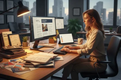 Copywriter professionista al lavoro su una strategia di scrittura persuasiva con materiali di marketing e testi persuasivi visibili