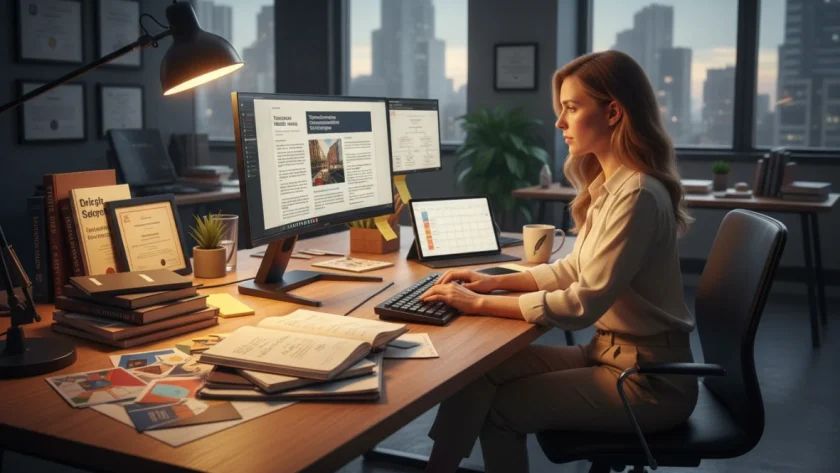 Copywriter professionista al lavoro su una strategia di scrittura persuasiva con materiali di marketing e testi persuasivi visibili