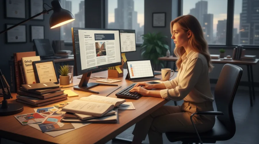 Copywriter professionista al lavoro su una strategia di scrittura persuasiva con materiali di marketing e testi persuasivi visibili