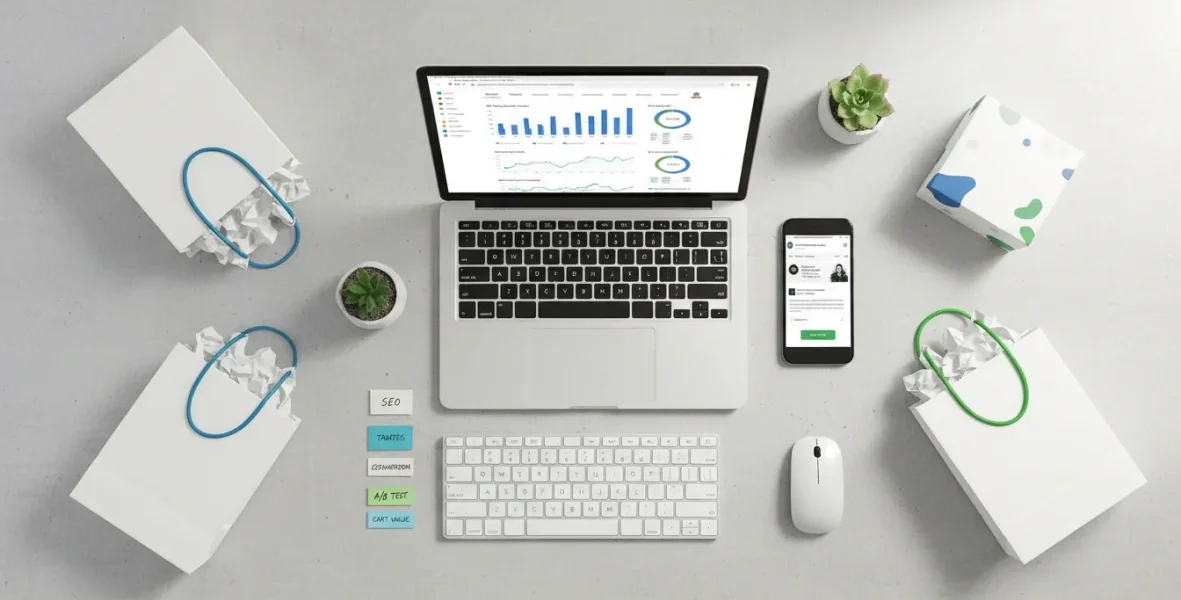 Schermata laptop con dashboard Google Analytics e ottimizzazione SEO ecommerce circondata da elementi di negozio online