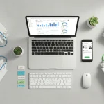 Schermata laptop con dashboard Google Analytics e ottimizzazione SEO ecommerce circondata da elementi di negozio online