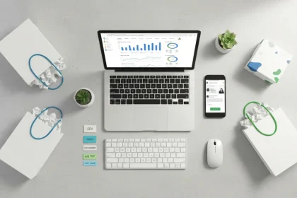 Schermata laptop con dashboard Google Analytics e ottimizzazione SEO ecommerce circondata da elementi di negozio online
