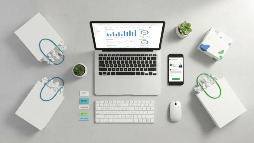 Schermata laptop con dashboard Google Analytics e ottimizzazione SEO ecommerce circondata da elementi di negozio online