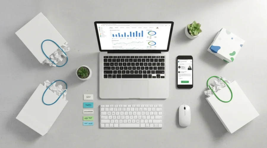 Schermata laptop con dashboard Google Analytics e ottimizzazione SEO ecommerce circondata da elementi di negozio online